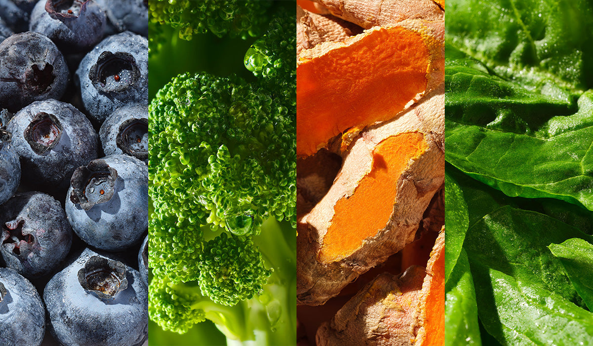 blueberres, broccoli, turmeric, and spinach