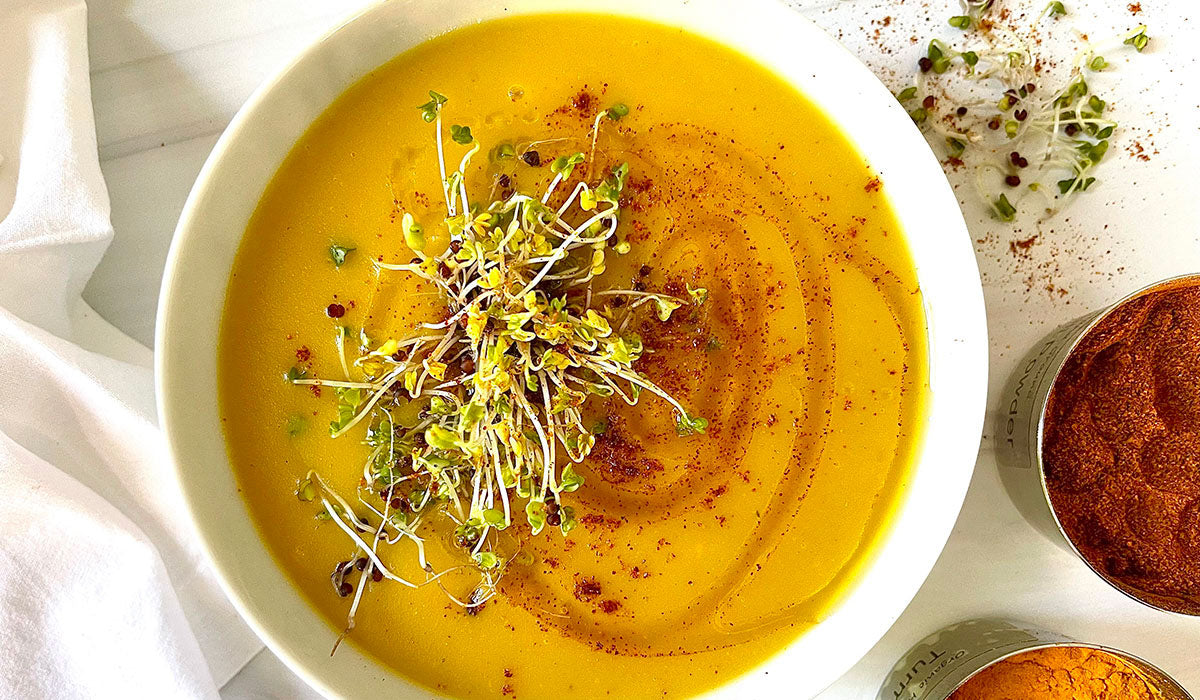 Potato Leek Sunchoke Soup with Turmeric & Broccoli Sprouts