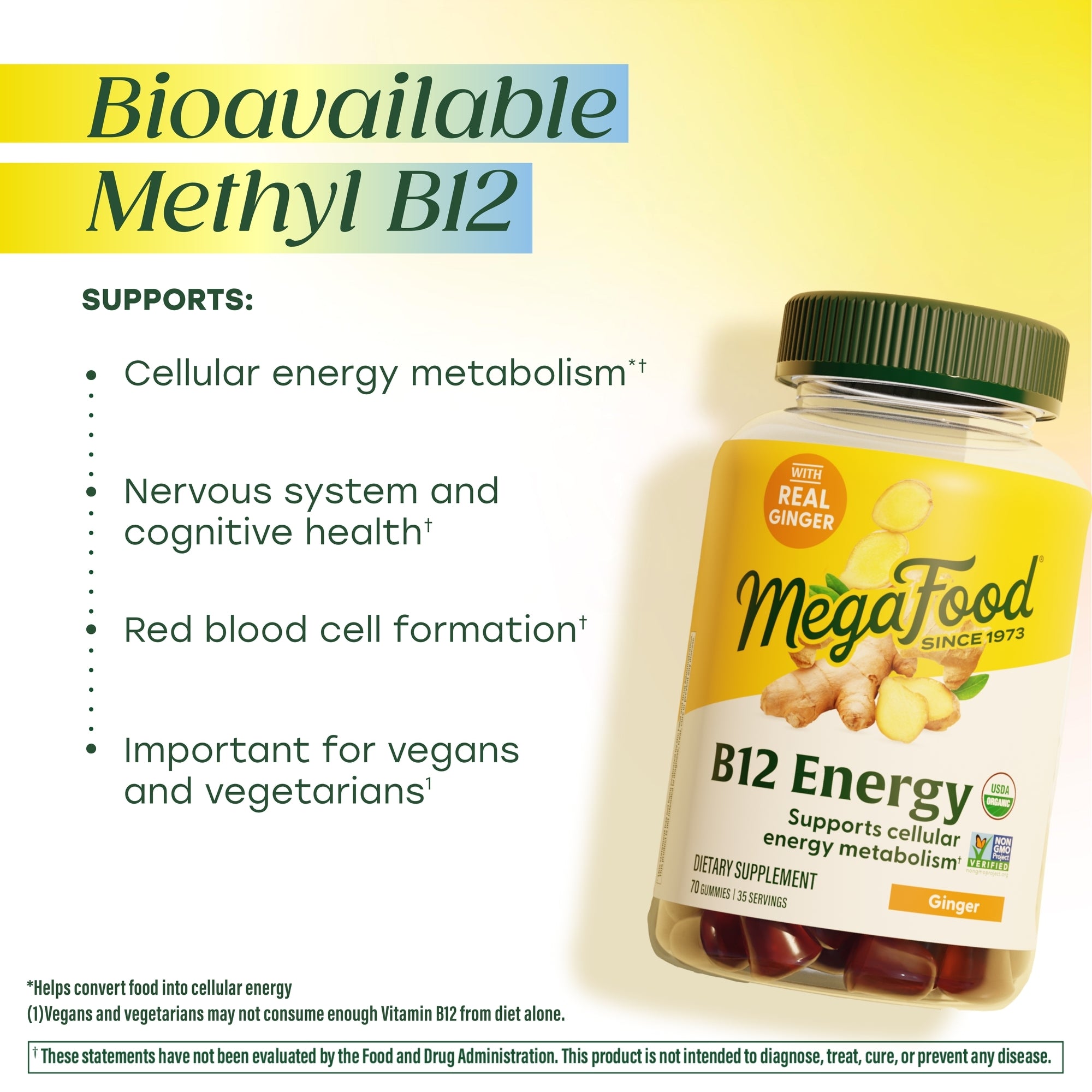 Bioavailable methyl B12 supports energy metabolism, nervous system and cognitive health, and red blood cell formation. Important for vegans and vegetarians.