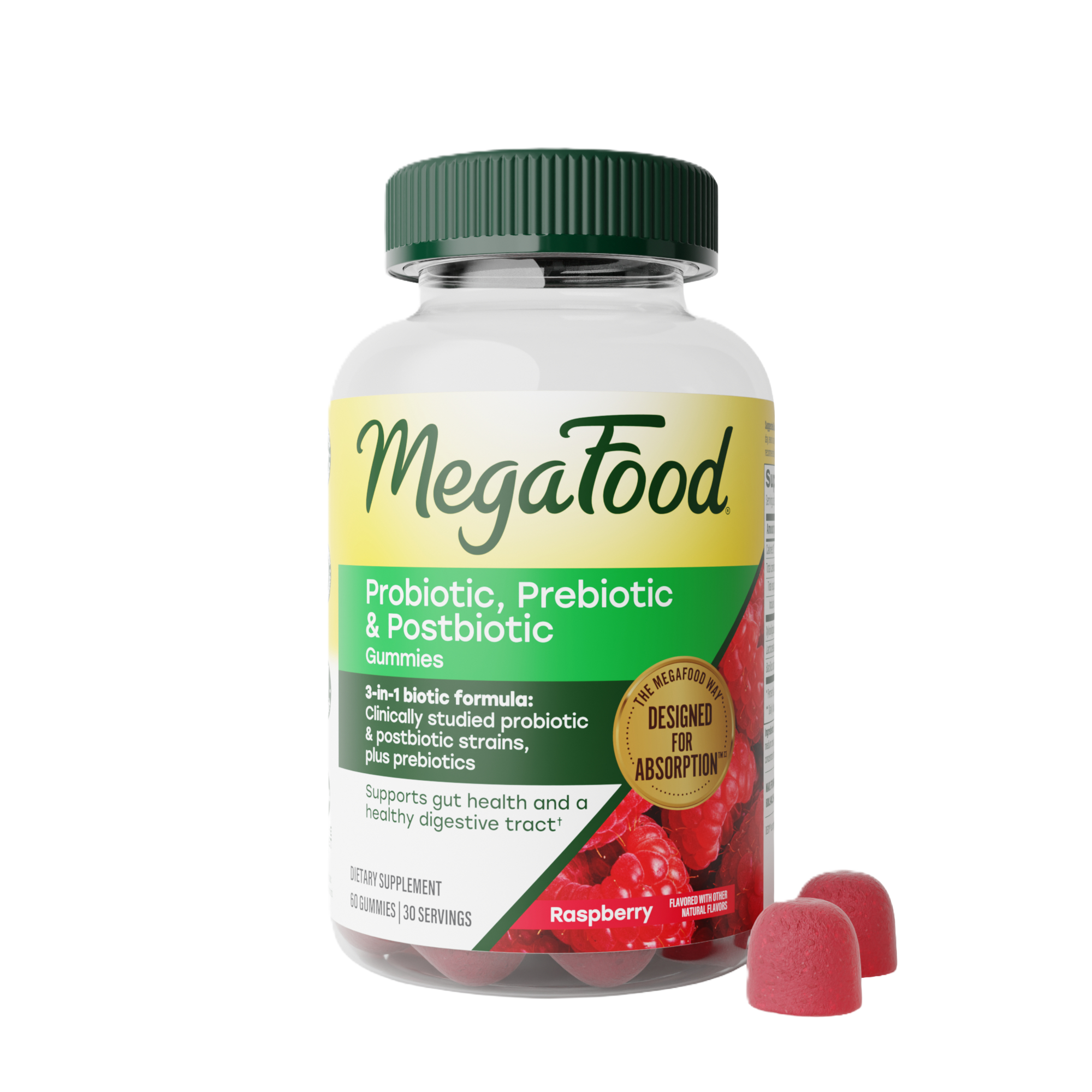 Probiotic, Prebiotic & Postbiotic Gummies. Supports gut health and a healthy digestive tract. Front of bottle
