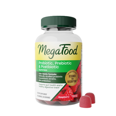 Probiotic, Prebiotic & Postbiotic Gummies. Supports gut health and a healthy digestive tract. Front of bottle