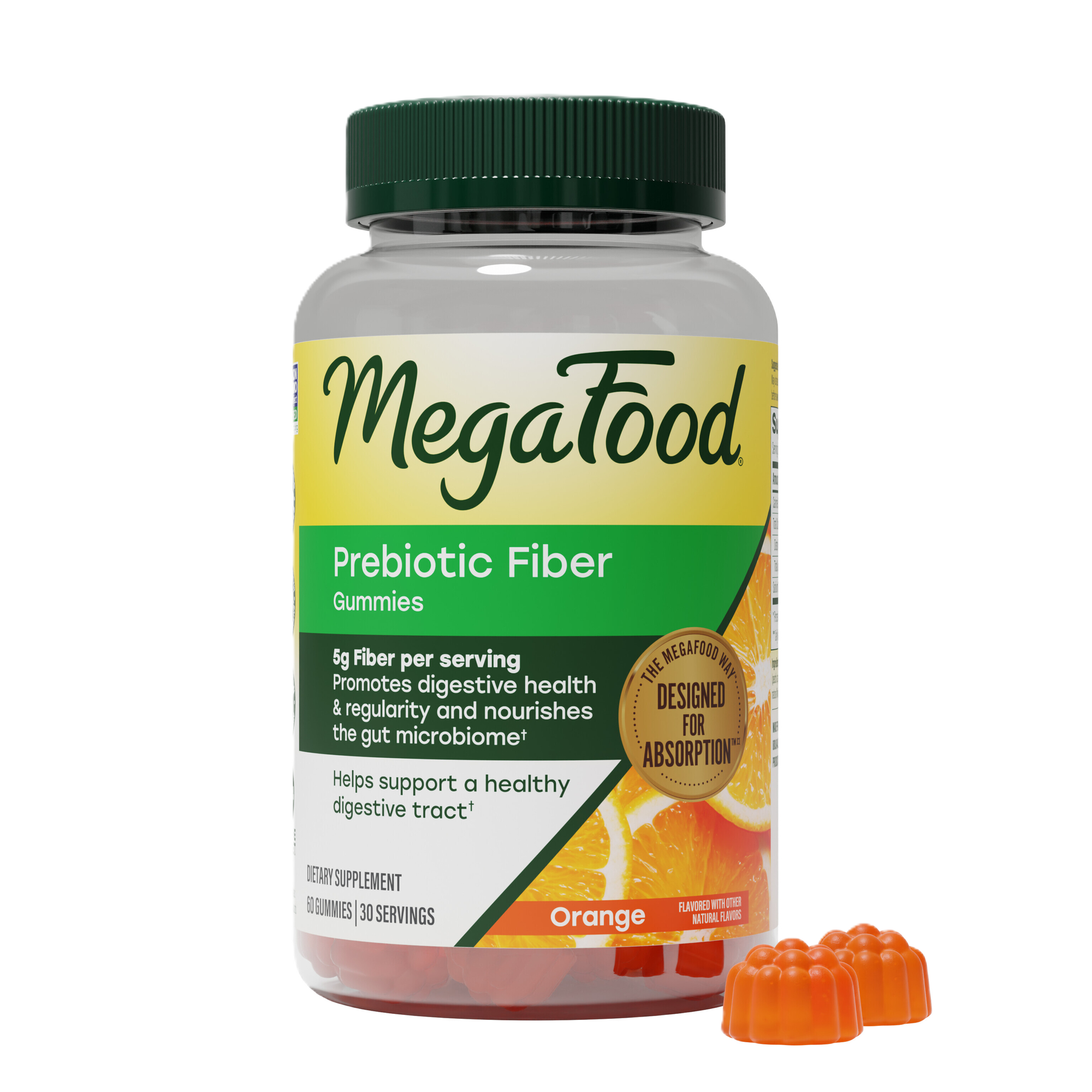 Prebiotic Fiber Gummies. Front of bottle. 5g of Fiber per serving. Promotes digestive health & regularity and nourishes the gut microbiome.