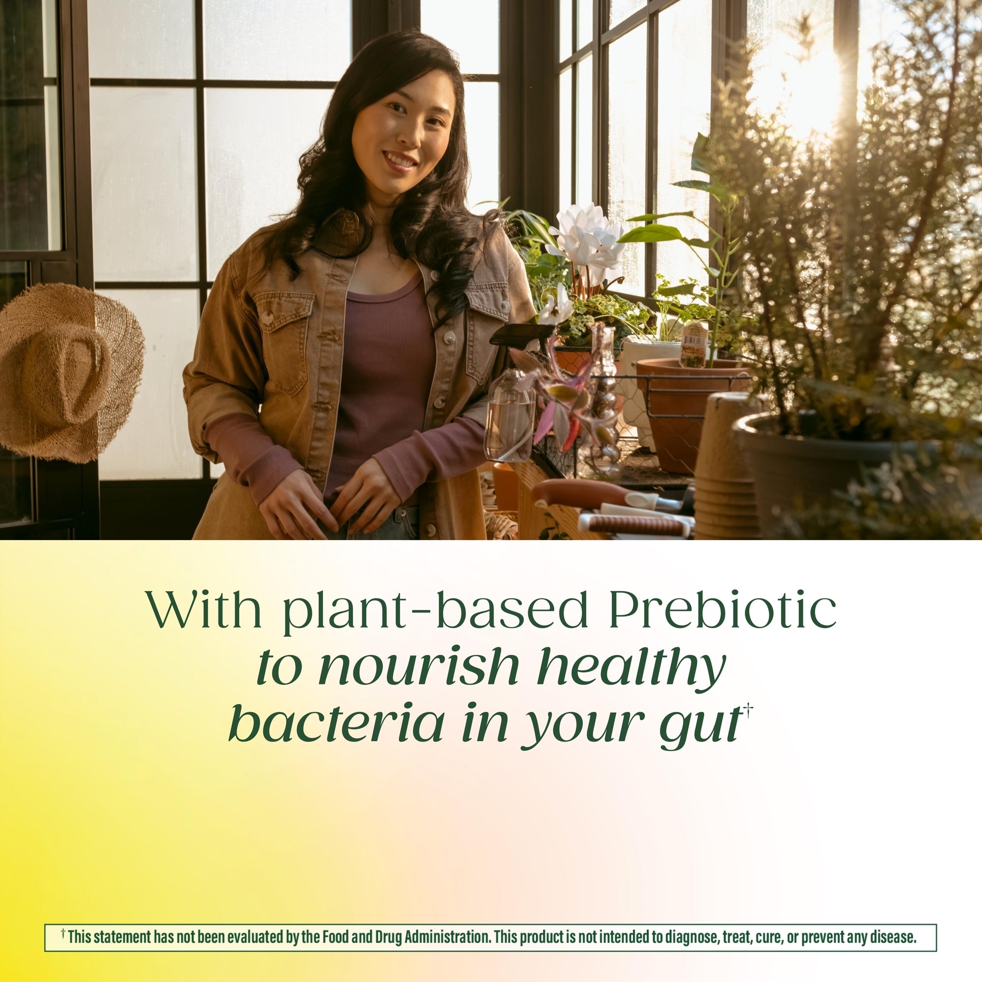 With plant-based prebiotic to nourish healthy bacteria in your gut