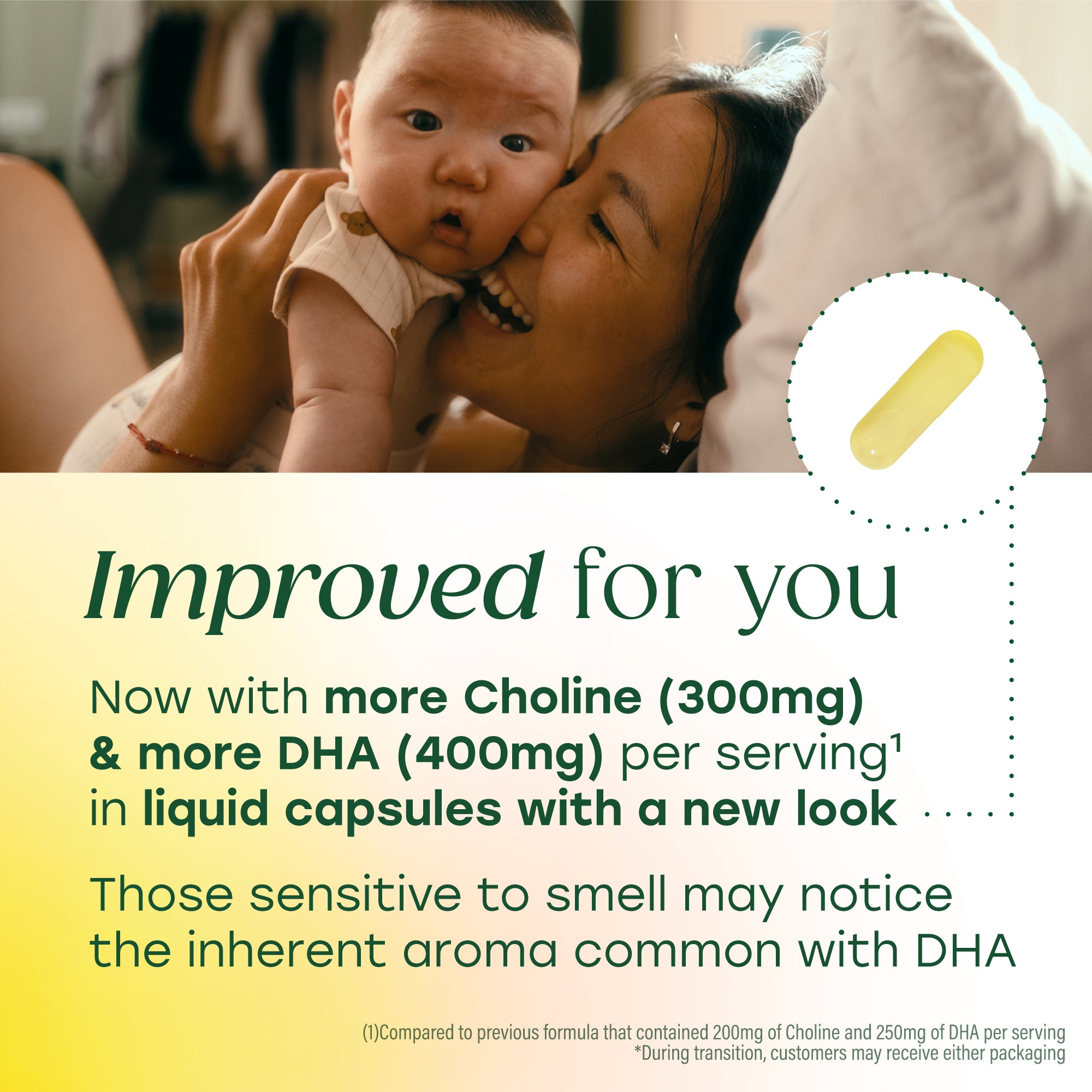 Improved for you. Now with more Choline (300mg) & more DHA (400mg) per serving. In a new liquid capsule with a new look.