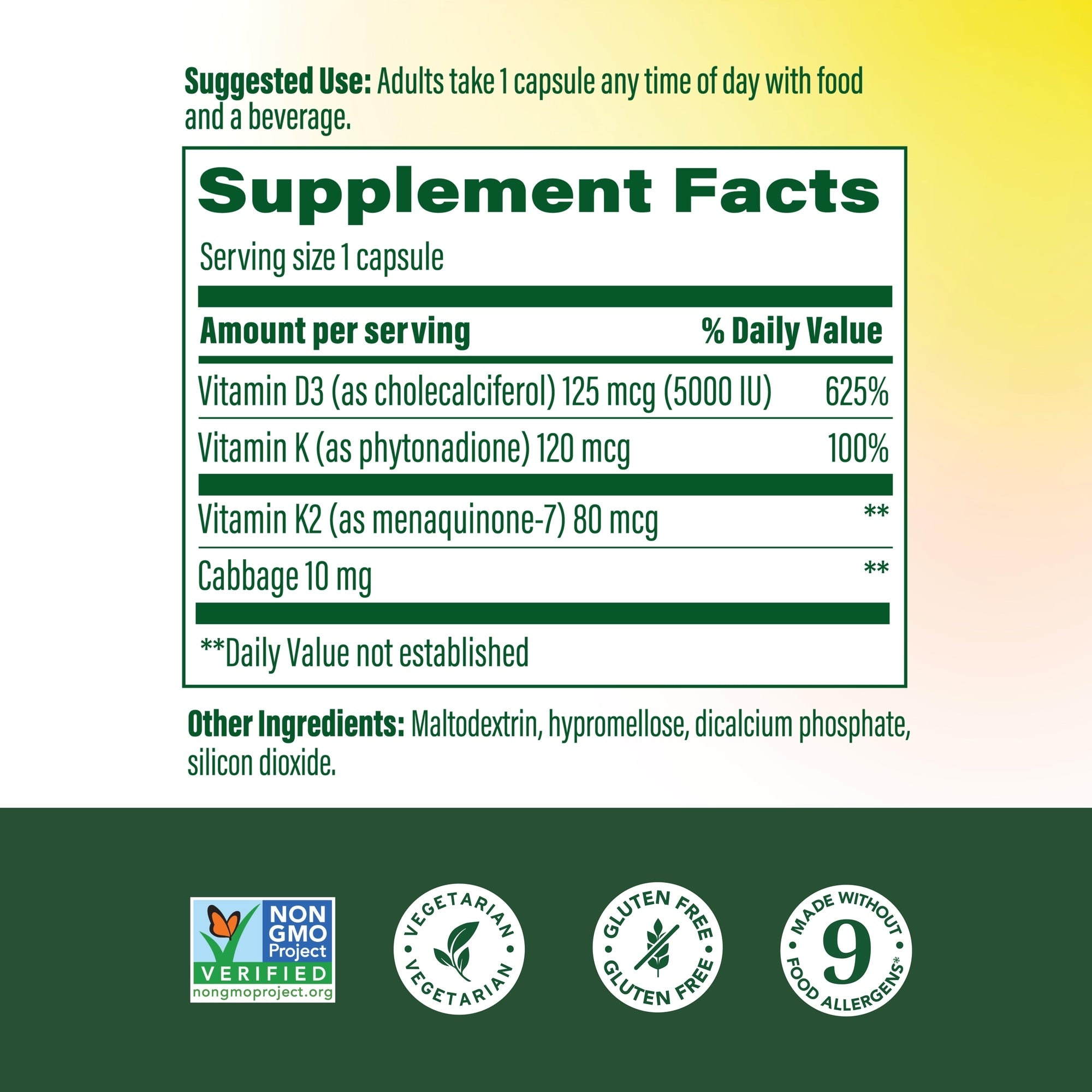 Vitamin D3 5000 IU (125 mcg) plus K & K2