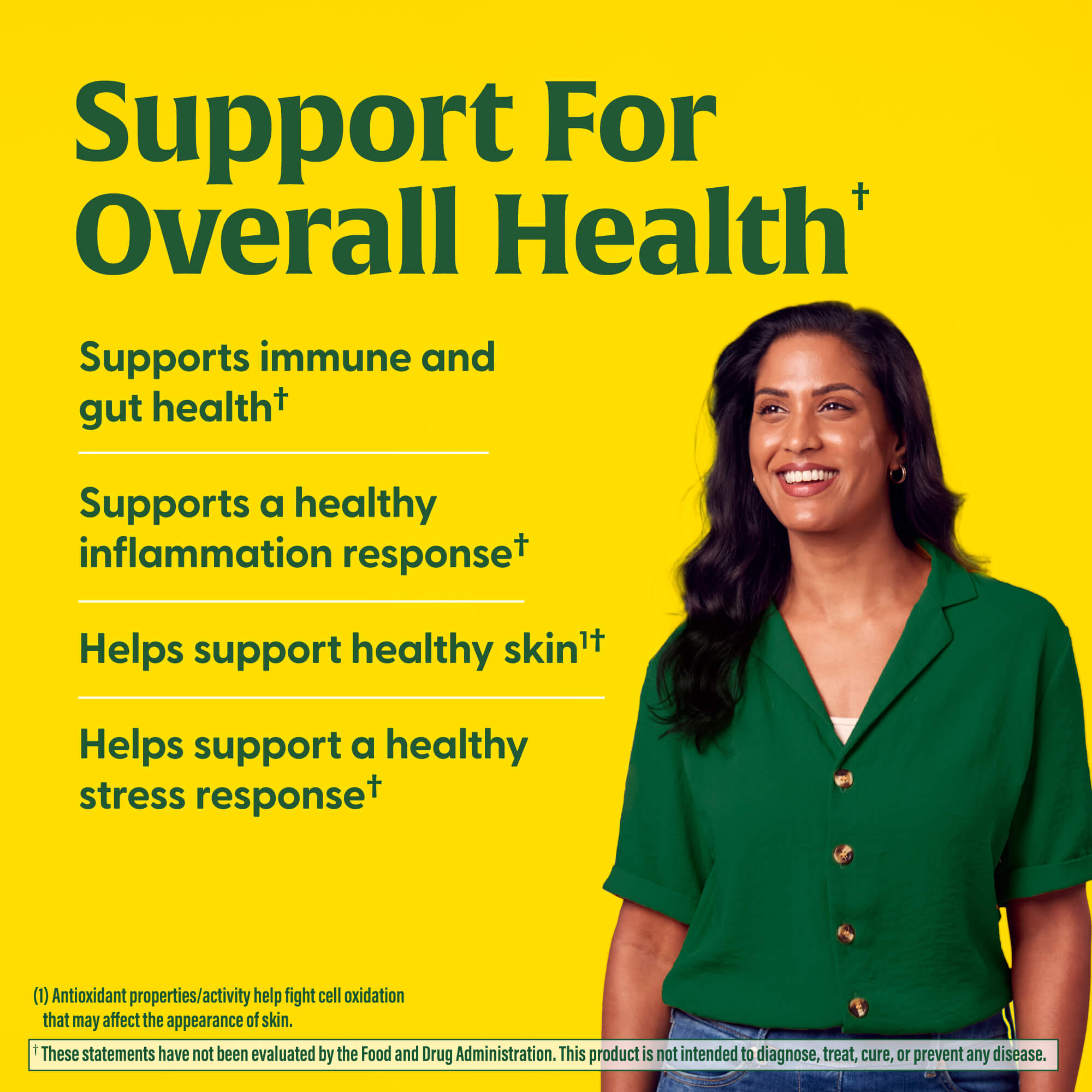 Woman in green shirt on yellow background with health benefits text